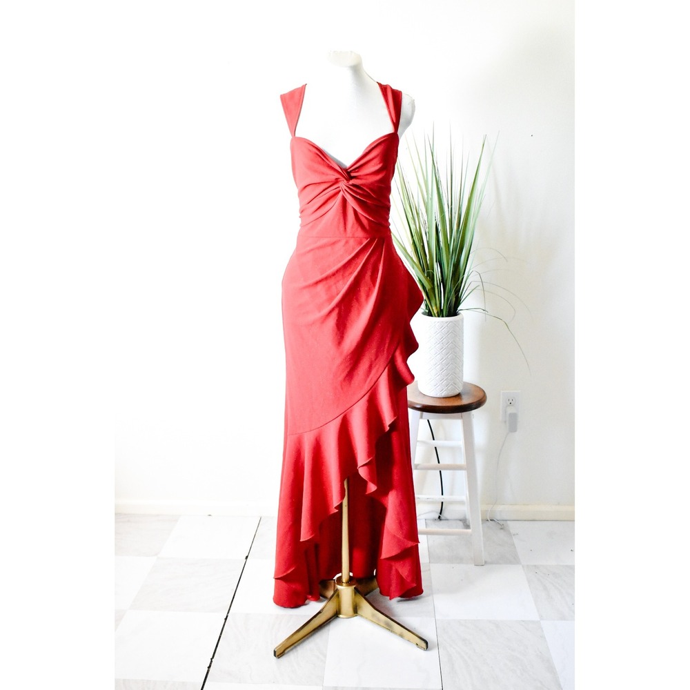 Vfshow Gown Women Size M Red Modern Ruffle High-Low Twist Front Cutout Back